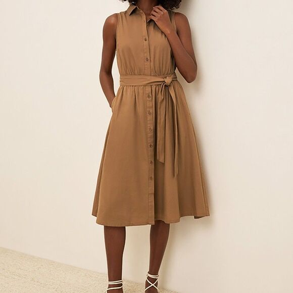 Pact Sunset Sleeveless Shirt Dress Size L Brown Sugar Organic Cotton Waist Tie - Picture 1 of 7